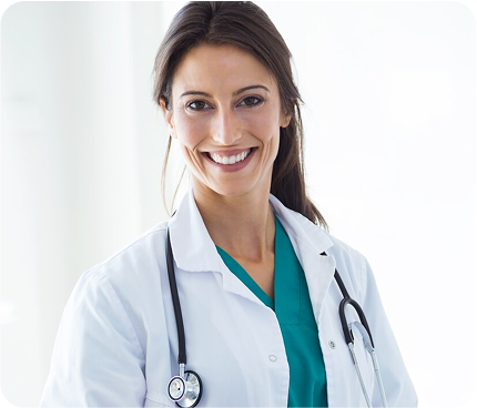 A healthcare professional wearing a lab coat with a stethoscope over her shoulder. 